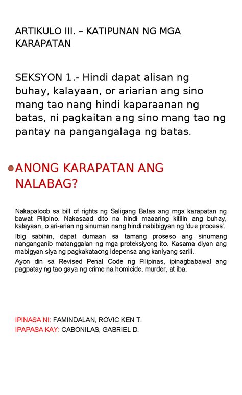 bill of rights karapatang pantao|ARTIKULO III KATIPUNAN NG MGA KARAPATAN .